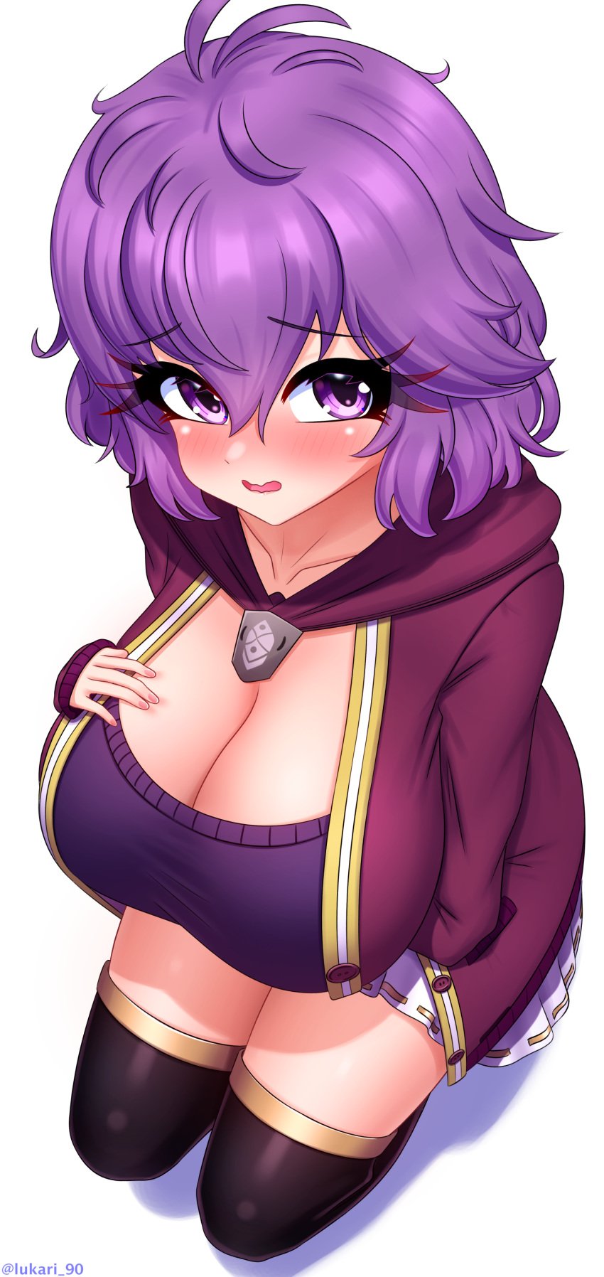 1girls bernadetta_von_varley blush cleavage female female_only fire_emblem fire_emblem:_three_houses hand_on_breast huge_breasts kneeling lukari nintendo open_mouth purple_eyes purple_hair short_hair simple_background solo white_background