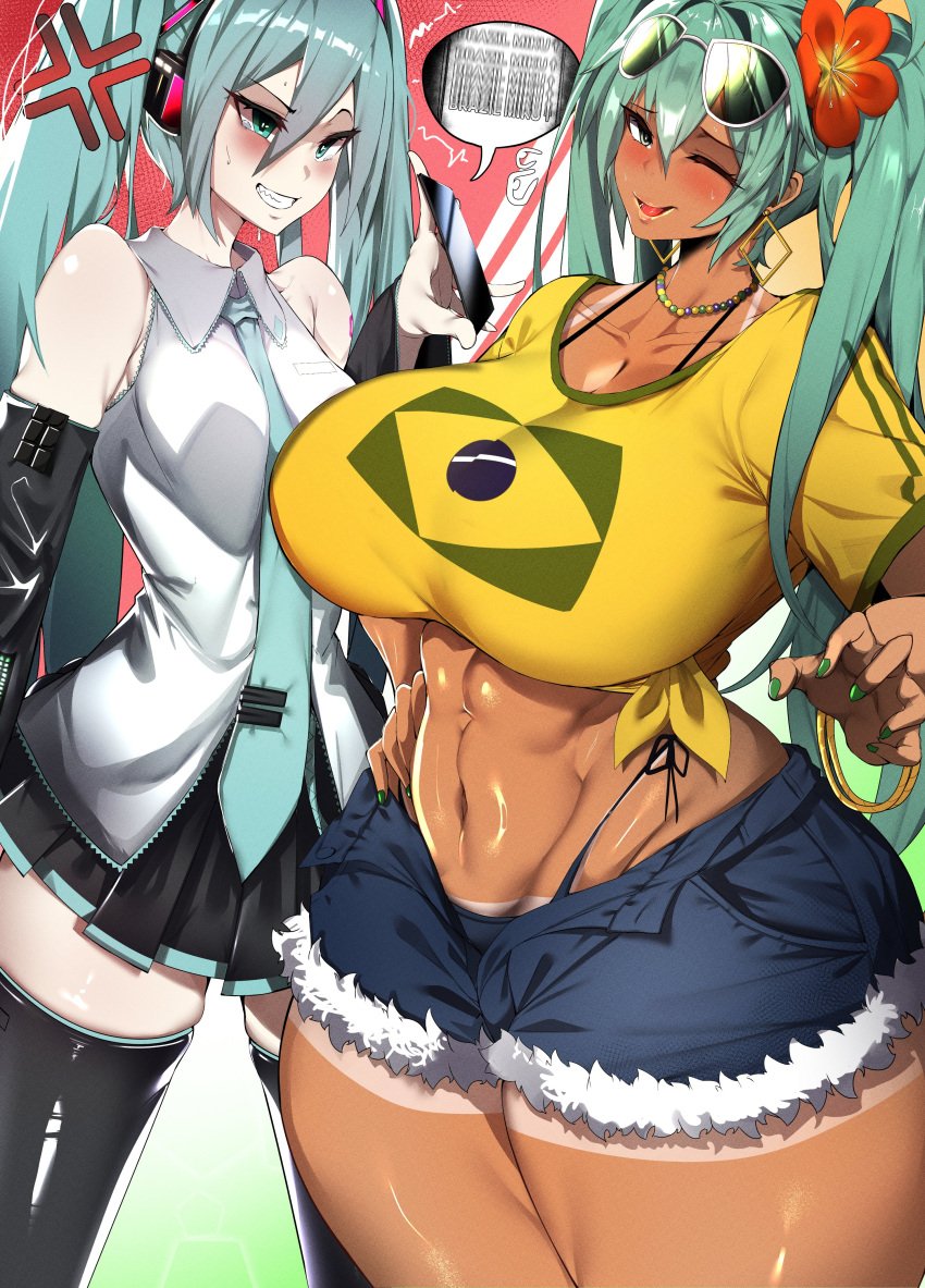 2girls ass big_ass big_breasts big_thighs blush brazil brazilian brazilian_female brazilian_miku breasts butt cyan_eyes cyan_hair female female_focus female_only gigantic_ass gigantic_breasts gigantic_thighs hatsune_miku huge_ass huge_breasts huge_thighs kantan latin_american_hatsune_miku_(meme) light-skinned_female long_hair looking_at_viewer shirt shorts solo sweat sweatdrop sweating tagme tan tan_body thick_hips thick_thighs thighs thong twintails vocaloid yellow_shirt