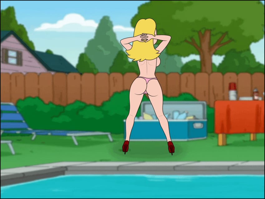 american_dad animated animation ass bikini bikini_bottom blonde_hair blonde_hair breasts dancer dancing francine_smith pool sexfightfun striped striptease swimming_pool teasing topless