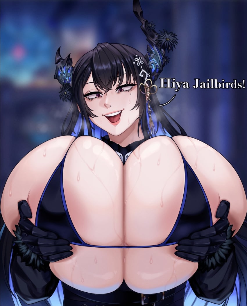 big_breasts breasts breasts_bigger_than_head cupping_breasts dark_hair dialogue earrings hair_ornament holding_breast hololive hololive_english hololive_english_-advent- horns huge_breasts looking_at_viewer mostly_clothed nerissa_ravencroft strongmoist sweat sweaty sweaty_breasts virtual_youtuber