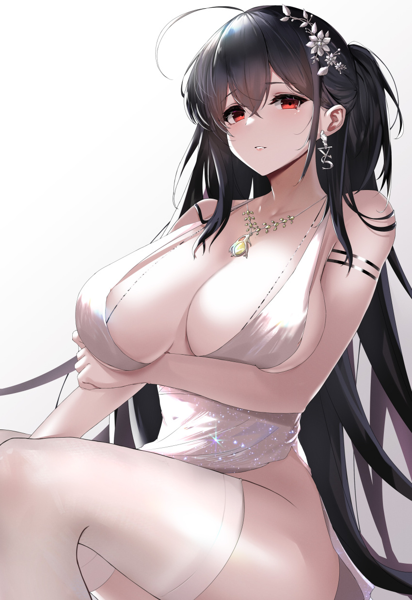 1girls absurd_res absurdres adult adult_female ahoge antenna_hair arm_under_breast arm_under_breasts azur_lane black_hair black_hair_female breasts busty busty_female cleavage clothes collarbone dot_nose dress earrings elbows embarrassed embarrassed_female female female_only fingers hair_between_eyes hair_ornament hair_ornaments high_resolution highres hourglass_figure knees large_breasts lean_body lean_figure legs legwear light-skinned_female light_skin lips long_hair looking_at_viewer looking_down looking_down_at_viewer mature mature_female musicatopos necklace outfit pointy_chin ponytail red_eyes red_eyes_female sakura_empire_(azur_lane) shoulders side_ponytail sidelocks simple_background sitting slender_body slender_waist slim_girl slim_waist solo stockings taihou_(azur_lane) taihou_(temptation_on_the_sea_breeze)_(azur_lane) thick_thighs thighhighs thighs thin_waist topwear underboob upper_body white_background white_clothes white_dress white_legwear white_outfit white_stockings white_thighhighs white_topwear wide_hips