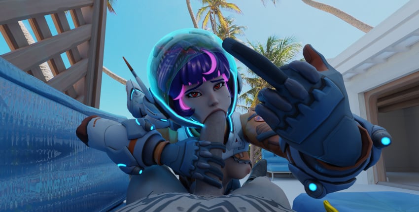 3d artist_request asian asian_female beauty_mark blender blowjob fortnite gloved_handjob gloves handjob juno_(overwatch) martian midas_(fortnite) middle_finger overwatch overwatch_2 purple_hair red_eyes source_request