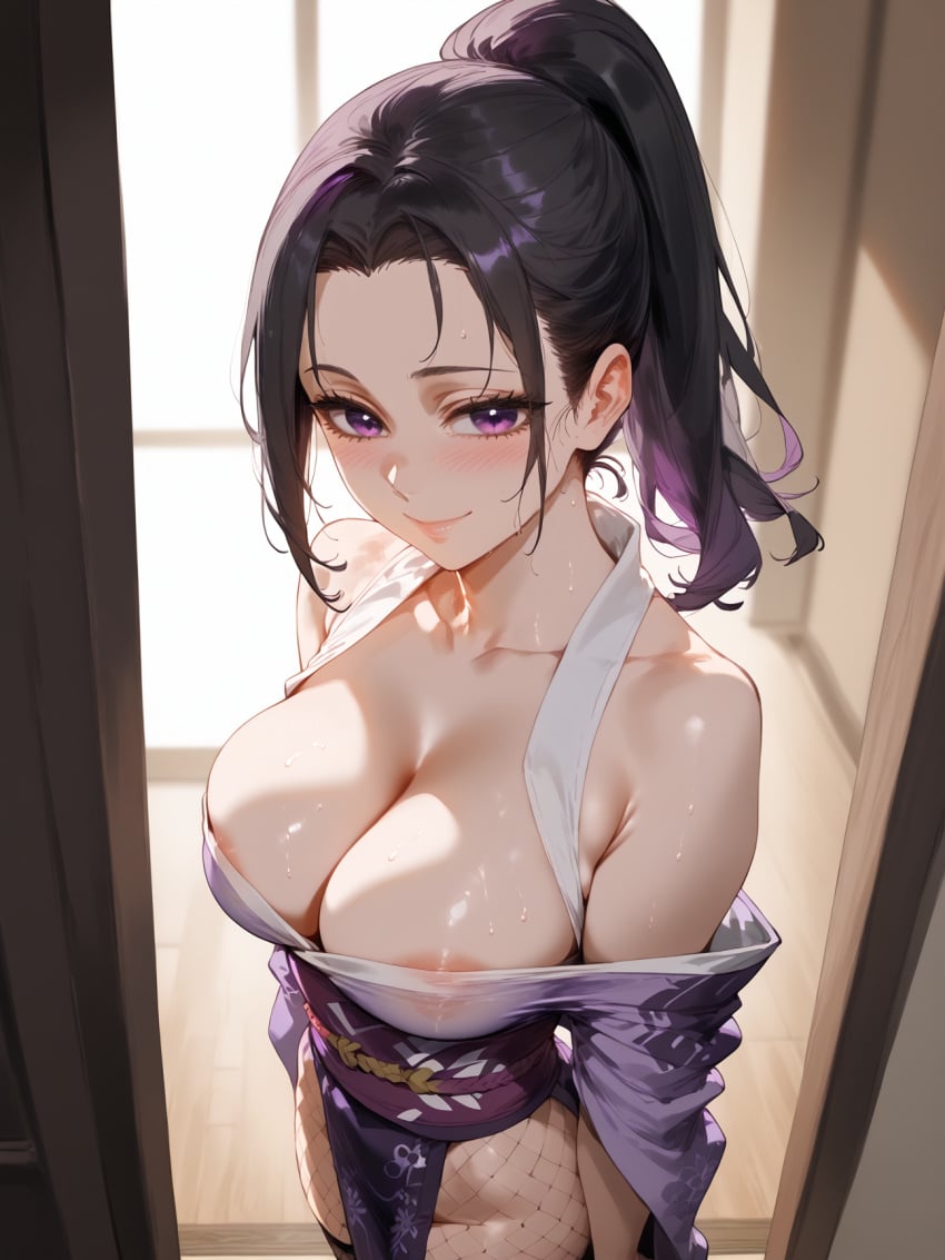 1girl ai_generated areola_slip bangs bare_shoulders black_hair blush breasts brokewyt cleavage closed_mouth collarbone covered_nipples demon_slayer fishnets forehead from_above hinatsuru_(kimetsu_no_yaiba) indoors japanese_clothes kimetsu_no_yaiba kimono large_breasts long_hair looking_at_viewer mole obi off_shoulder pelvic_curtain ponytail purple_eyes purple_hair purple_kimono sash smile solo standing sweat thighs wet