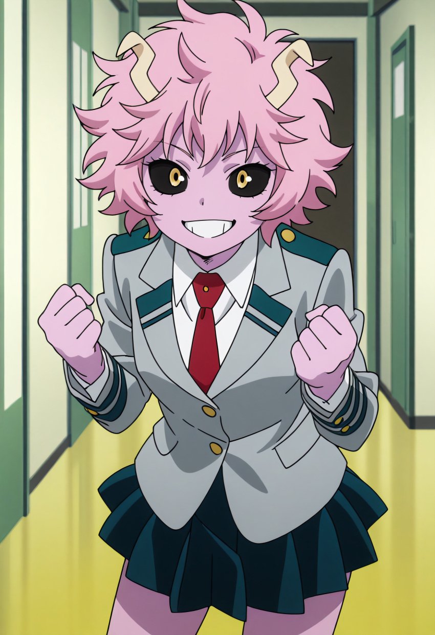 ai_generated ashido_mina bangs black_sclera breasts clenched_hands clothing collared_shirt colored_sclera colored_skin cowboy_shot dress_shirt eyelashes female female green_skirt grey_jacket grin hands_up horns indoors jacket long_sleeves looking_at_viewer messy_hair my_hero_academia necktie neckwear pink_hair pink_skin pleated_skirt red_necktie red_neckwear school_uniform shirt short_hair skirt smile solo standing student teen teen_girl teenage teenage_girl teenager teeth u.a._school_uniform uniform white_shirt wing_collar yellow_eyes