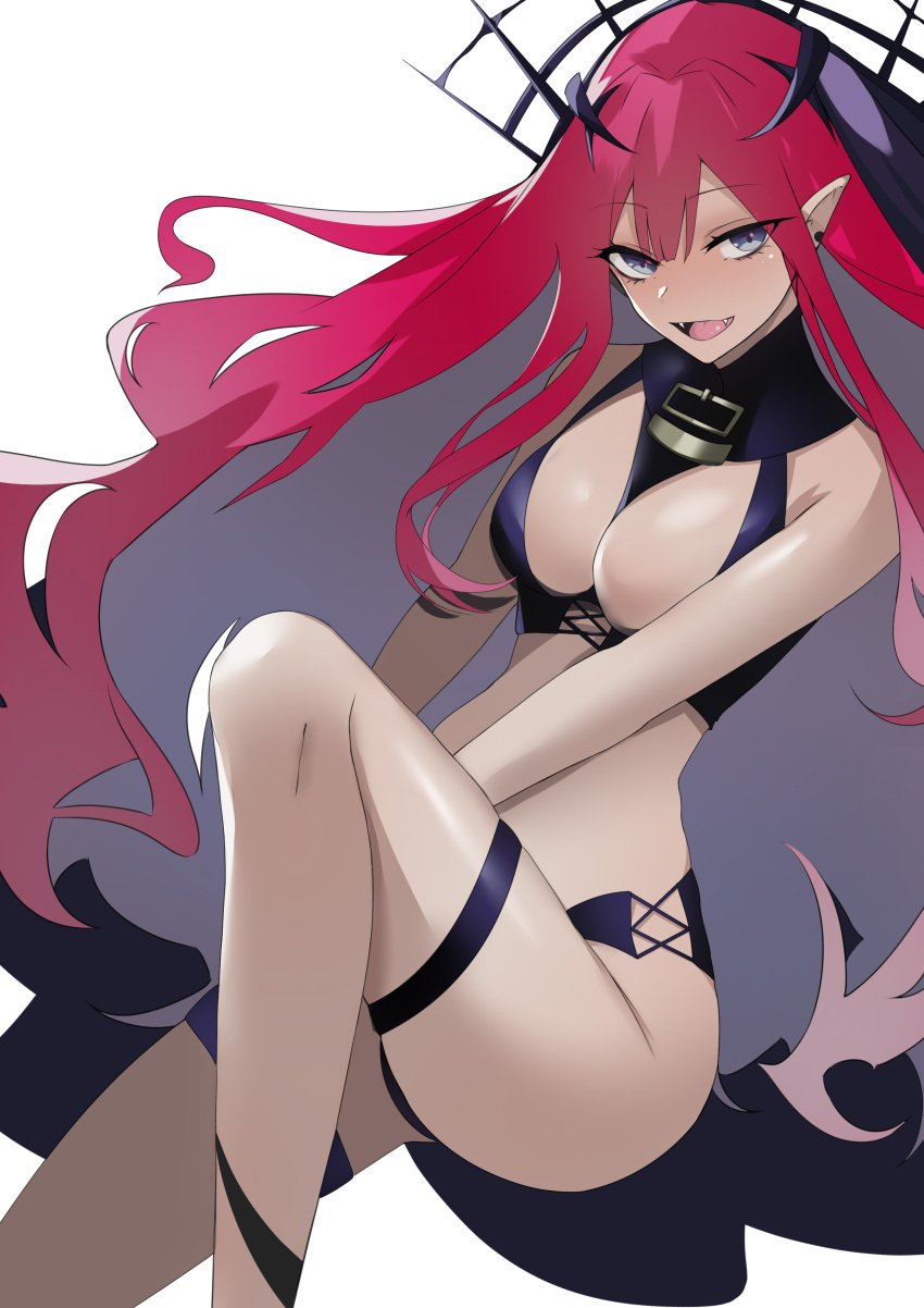 baobhan_sith_(fate) baobhan_sith_(second_ascension)_(fate) bare_shoulders black_horn black_horns blush breasts detached_sleeves earrings fangs fate/grand_order fate_(series) female grey_eyes horn horns jewelry knee_up kneepits long_hair looking_at_viewer medium_breasts musicatopos navel open_mouth open_mouth_smile parted_lips pink_hair pointy_ears red_hair red_hair_female revealing_clothes sidelocks sitting smile smiley_face smiling smiling_at_viewer solo thighs tongue upper_teeth veil