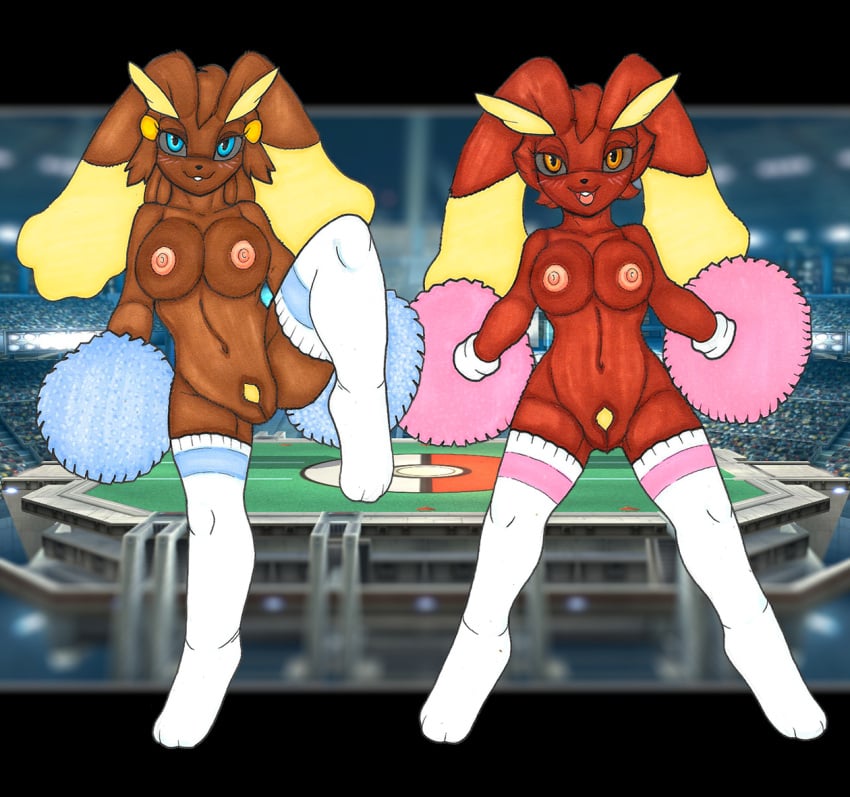 3_toes accessory alternate_species anthro big_breasts black_nose black_sclera blue_eyes blush breasts brown_body brown_eyes brown_fur brown_hair buckteeth clothed clothing dawn_(pokemon) detailed_background digitigrade duo erect_nipples eyebrows feet female footwear footwear_only front_view fur generation_4_pokemon genitals hair hair_accessory hairclip huge_breasts ivanks lagomorph long_ears long_eyebrows long_socks looking_at_viewer lopunny mammal medium_hair mostly_nude mtf_crossgender navel nintendo nipples on_one_leg open_mouth pokeball_print pokemon pokemon_(species) pom_poms pose pubes pupils pussy red_body red_fur red_hair rule_63 screencap screencap_background short_hair smile socks socks_only spread_legs spreading stadium standing tan_body tan_fur teeth thick_thighs toes tongue topless white_clothing white_footwear white_socks