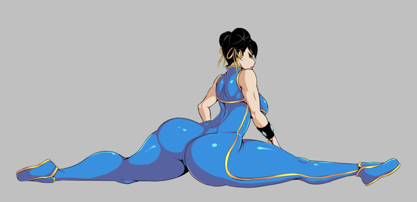 1girls absurd_res alternate_costume alternate_hair_color asian ass black_hair bodysuit breasts capcom chun-li dat_ass double_bun female female_only full_body hair_bun highres kikoshou lipstick splits street_fighter street_fighter_alpha