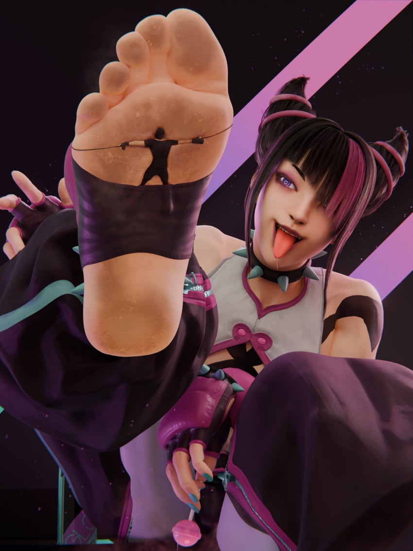 black_hair bondage dirty_feet dyed_hair feet foot_fetish giantess juri_han lollipop polyphius purple_eyes rope shrunken_male size_difference sole stepped_on stirrup_legwear strapped_down stuck_to_foot tongue_out underfoot