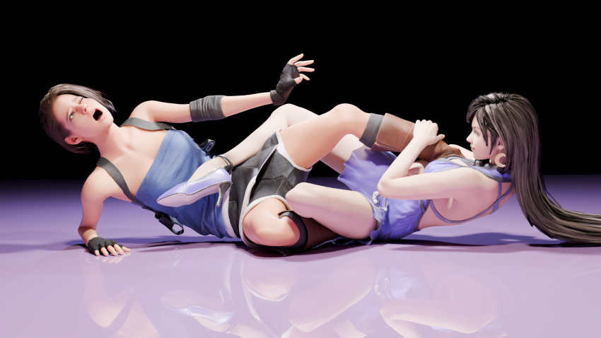 3d black_hair blue_topwear boots catfight competitive_intercourse crossover female female/female female_only figure_four_leglock final_fantasy final_fantasy_vii fingerless_gloves high_heels jill_valentine leglock long_hair resident_evil resident_evil_3 sexfight short_hair tifa_lockhart wrestling yuri