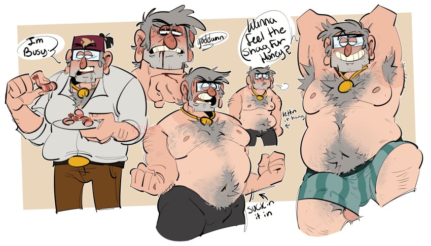 1boy arms_up balls_outline balls_under_clothes ballsack bileshroom boner boner_in_pants boner_in_underwear boxers_(clothing) bushy_pubes dad_bod dilf erection gravity_balls gravity_falls grunkle_stan hairy_armpits hairy_chest hairy_male male_only mature_male mystery_sack old_man older_male sketch_page stanley_pines testicles