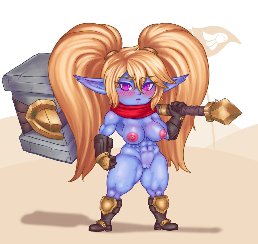 abs absurd_res areola big_breasts big_hair blonde_hair blue_body blue_fur blush blush_lines boots breasts brown_boots brown_clothing brown_footwear brown_gloves brown_handwear clothing eyelashes female footwear fur genitals gloves hair hammer handwear hi_res holding_hammer holding_object holding_tool holding_weapon humanoid humanoid_pointy_ears kilih188 league_of_legends long_hair looking_at_viewer muscular muscular_female navel nipples nude open_mouth p pink_areola pink_nipples poppy pupils purple_eyes pussy red_scarf riot_games scarf shoes short_stack simple_background slit_pupils solo tencent thick_thighs tools twintails twintails_(hairstyle) weapon weapon_on_shoulder white_background wide_hips yordle