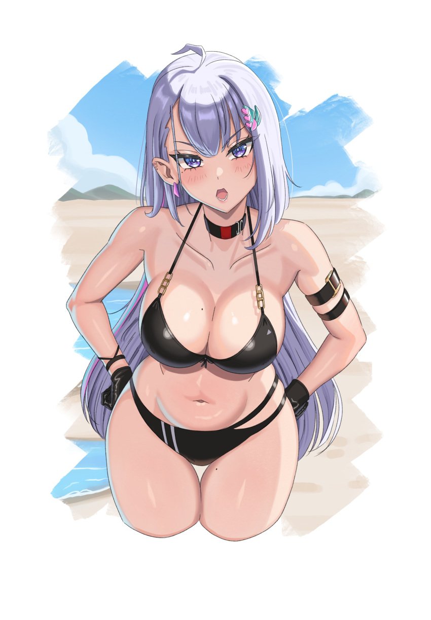 1girls beach belly_button bikini black_gloves blue_eyes blush breasts cleavage ember_amane emmettart female female_only gloves grey_hair hair_ornament huge_breasts light-skinned_female light_skin phase_connect phase_invaders sand solo swimsuit virtual_youtuber