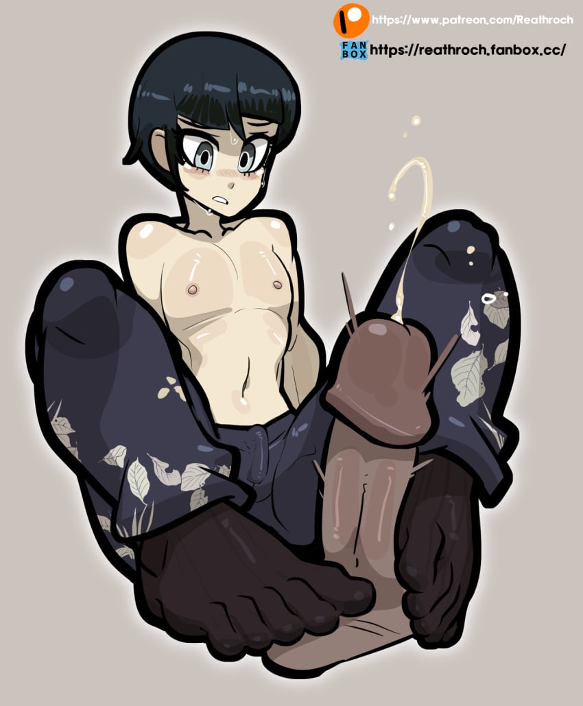 2boys black_hair black_socks cum feet femboy foot_focus footjob male_nipples nahobino_(smt) penis protagonist_(shin_megami_tensei_v) reathroch shirtless_male short_hair