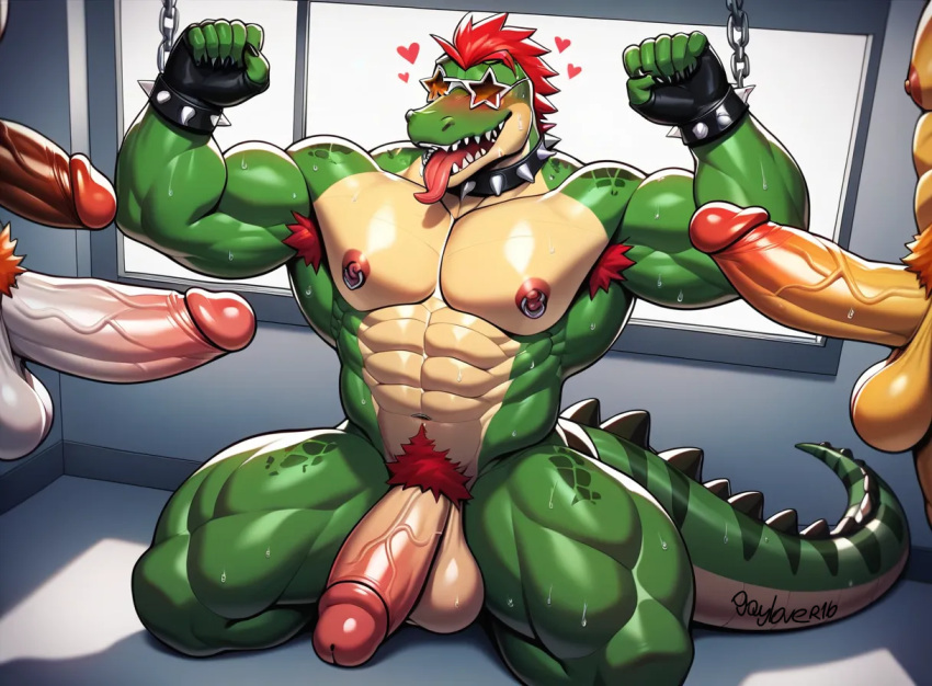 4boys ai_generated big_balls big_penis chains dick fingerless_gloves gay gaylover16 hairy_armpits hairy_chest hands_up heart hearts_around_head male male_only montgomery_gator_(fnaf) penis spiked_collar spikes tongue tongue_out