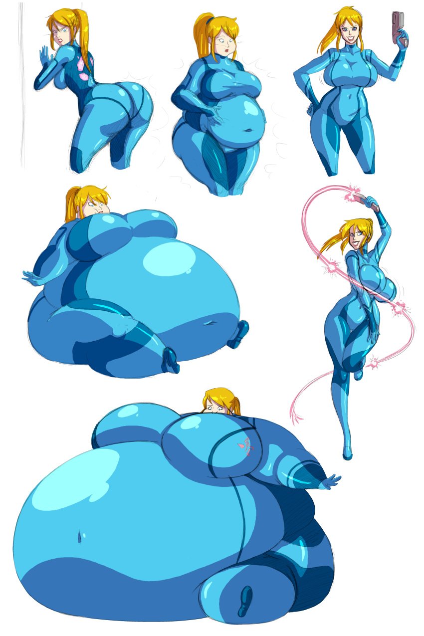 1girl 1girls annoyed annoyed_expression ass ass_focus axel-rosered blonde_hair blue_eyes body_inflation bodysuit breasts color expansion female female_focus female_only large_ass large_breasts metroid mole_under_mouth nintendo obese ponytail samus_aran smile tagme thighs unable_to_move weapon weight_gain zero_suit zero_suit_samus