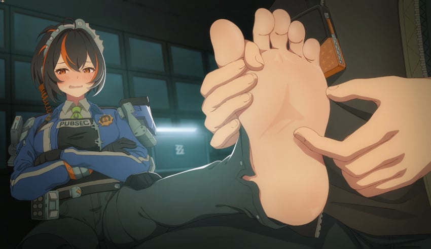 1boy 1girls black_hair blush crossed_arms embarrassed feet foot_focus foot_massage half-closed_eyes holding_another's_foot looking_to_the_side police_uniform red_hair sitting soles tickling toes zenless_zone_zero zhu_yuan