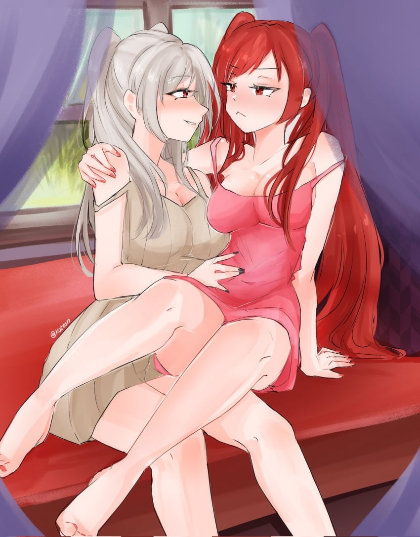 2girls black_nails blush cleavage female female_only fire_emblem fire_emblem_awakening grey_hair grima_(fire_emblem) indoors large_breasts medium_breasts nintendo red_eyes red_hair red_nails robin_(fire_emblem) robin_(fire_emblem)_(female) serafineart1001 severa_(fire_emblem) sitting_on_lap twintails yuri