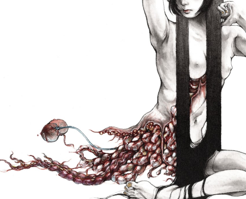 black_hair breasts commentary_request completely_nude entrails exposed_bone female guro head_out_of_frame highres long_hair meimaro nipples nude organs original ovaries painting_(medium) sitting small_breasts solo traditional_media very_long_hair