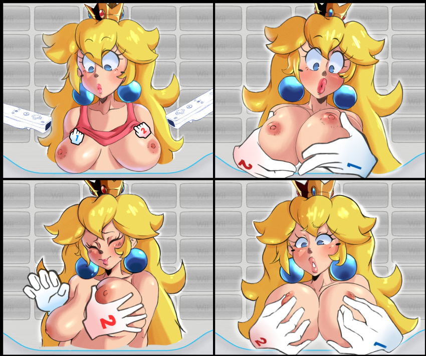 1girls blonde_hair blue_eyes breasts female female_only groping human mario_(series) nipple_play nipples nude princess princess_peach princesskari royalty solo solo_female tagme wii wiimote