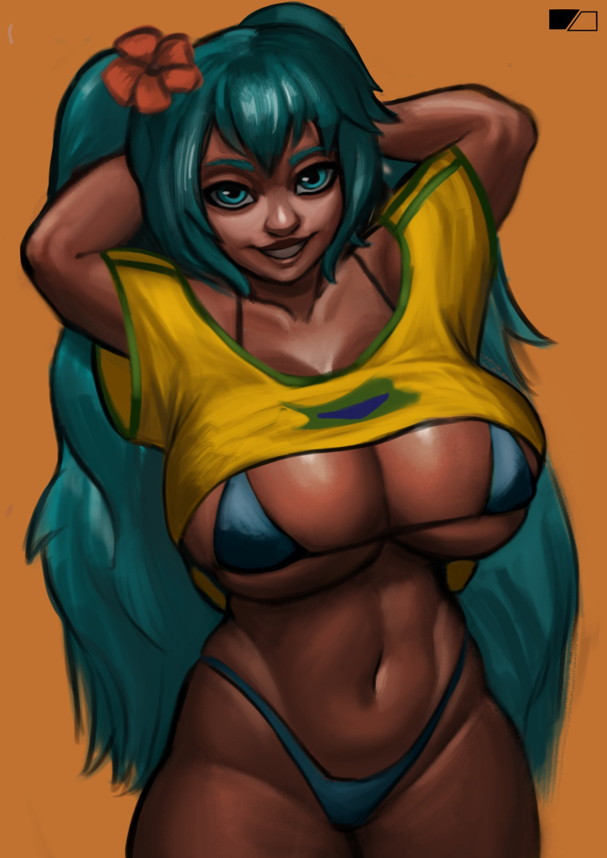 armpits arms_up bikini brazil brazilian brazilian_female brazilian_miku busty crop_top female female_focus female_only greenfireartist hatsune_miku hourglass_figure long_hair navel t-shirt tagme tan tan_body tan_skin twintails vocaloid wide_hips