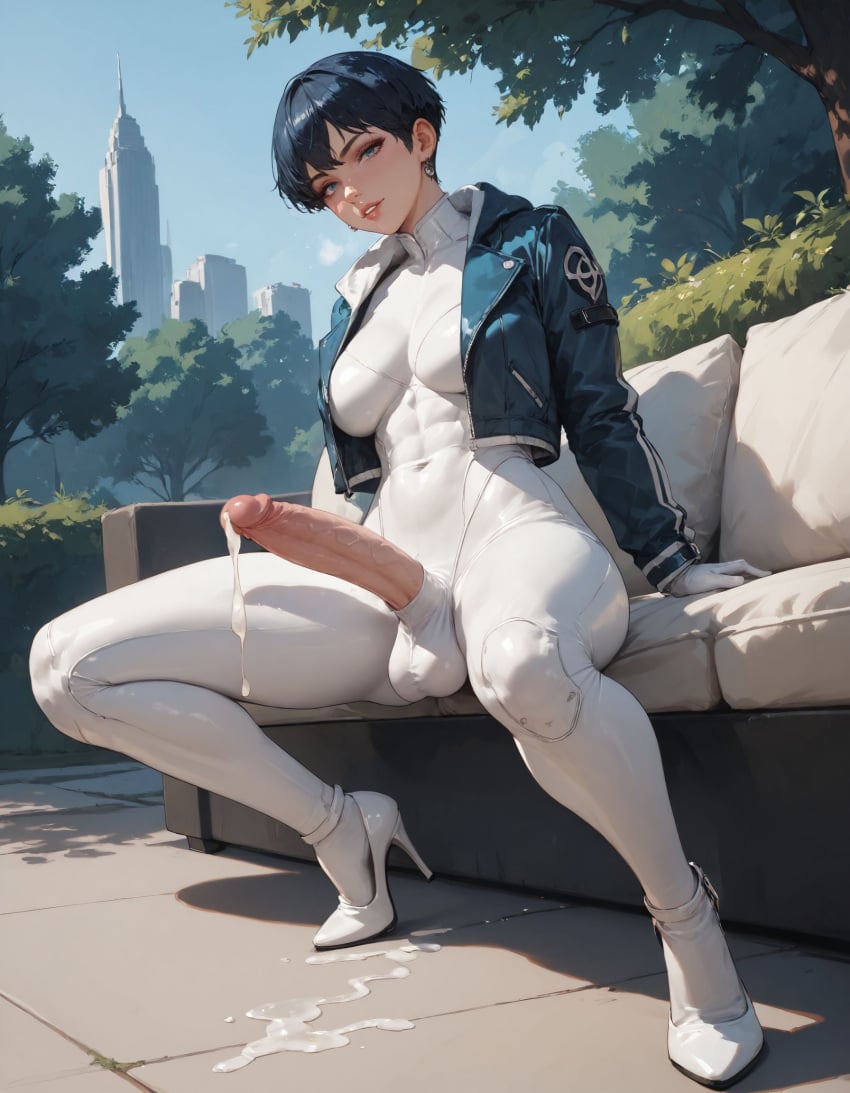 1futa ai_generated bodysuit breasts cum erect_penis futanari high_heels penis public short_hair solo_futa stable_diffusion the_first_descendant valby_(the_first_descendant)