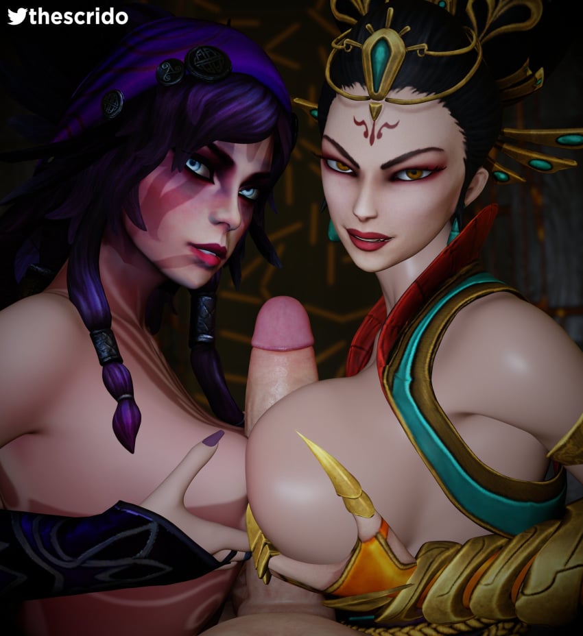 1boy 2girls 3d asian_mythology big_breasts big_penis black_hair breasts celtic_mythology chinese_mythology da_ji_(smite) double_paizuri european_mythology eye_contact goddess hi-rez_studios light-skinned_female light-skinned_male light_skin looking_at_viewer mythology paizuri pov scrido smite tattoo the_morrigan_(smite)