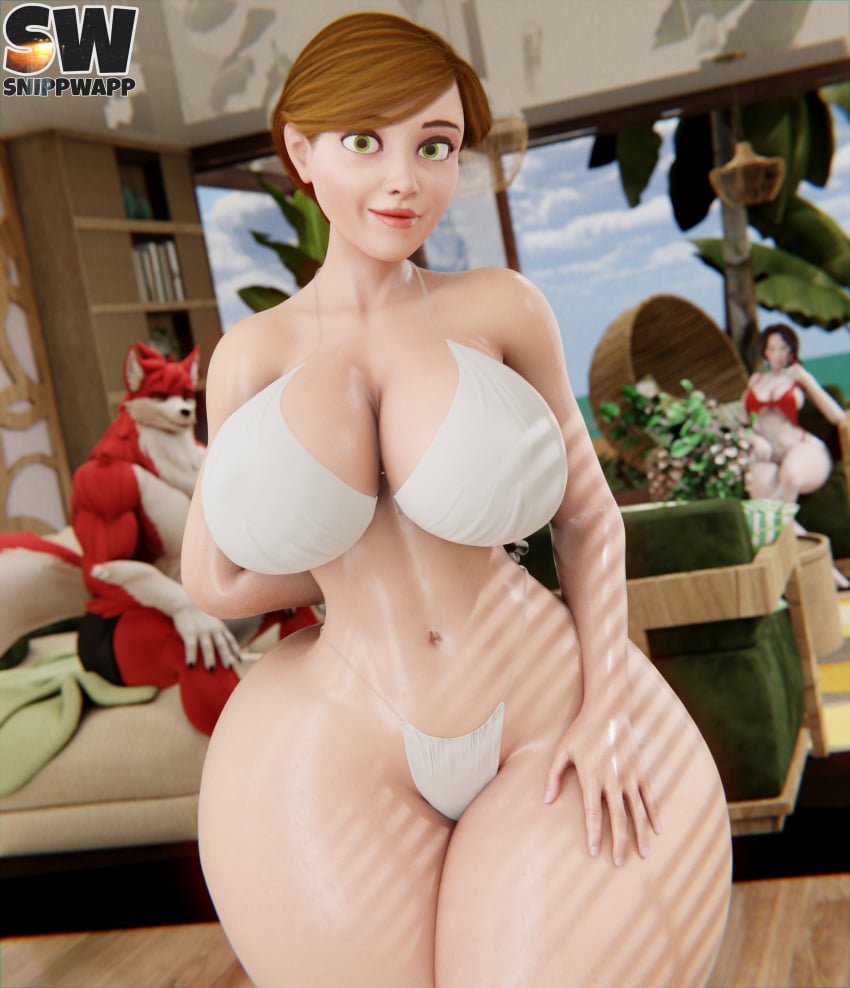 3d anthro big_ass big_butt bikini bikini_bottom bikini_top blender blender_(software) blender_eevee blender_eevee_next breasts brown_hair closed_mouth danny_sterling_(spitfire420007) daytime female five_nights_at_freddy's five_nights_at_freddy's:_security_breach furry green_eyes hourglass_figure huge_ass huge_breasts huge_thighs indoors male snippwapp thick thick_ass thick_hips thick_thighs tiny_waist vanessa_(fnaf) wide_hips