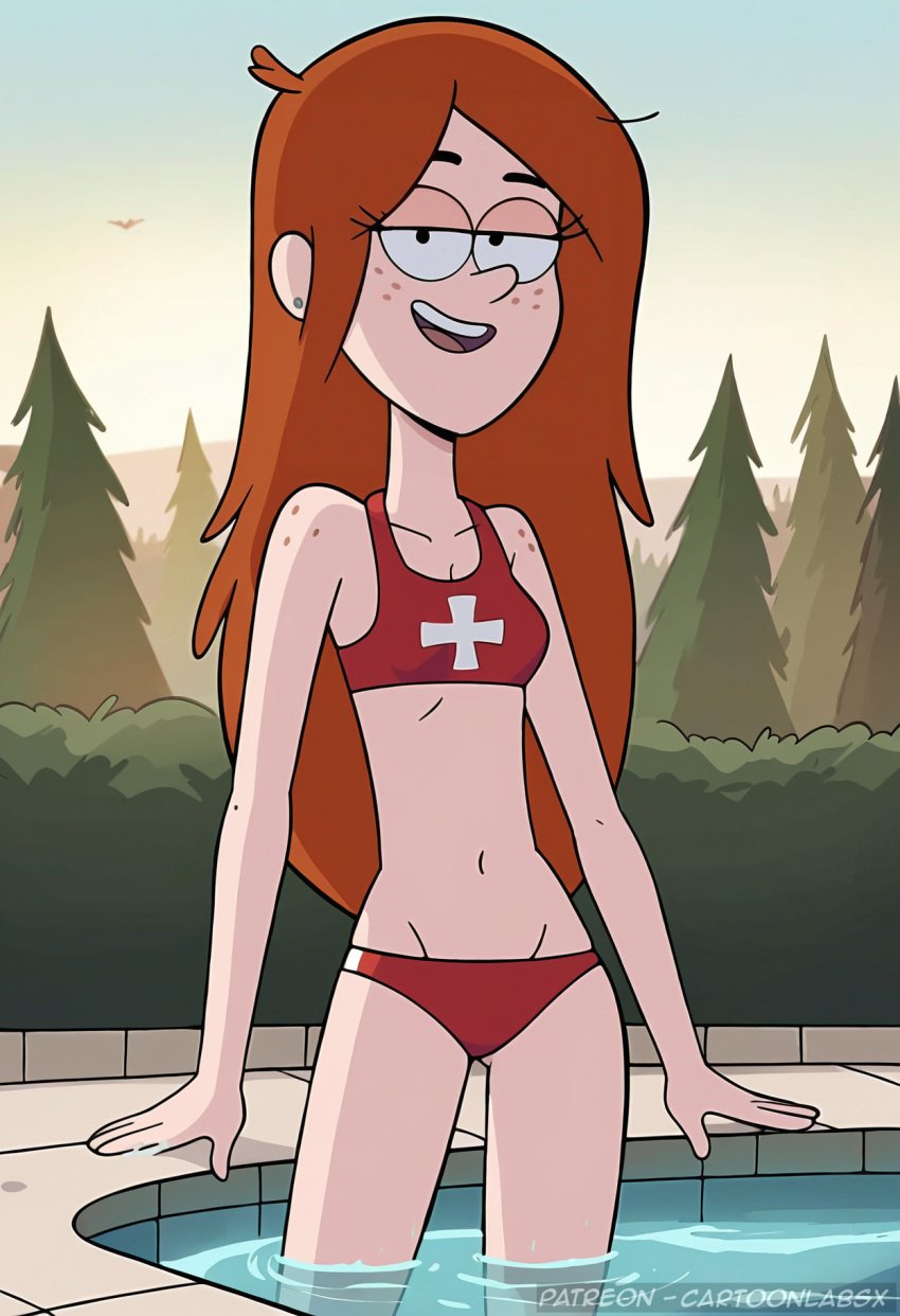 ai_generated attractive bikini disney female gravity_falls lifeguard orange_hair swimming swimming_pool swimsuit swimwear water wendy_corduroy