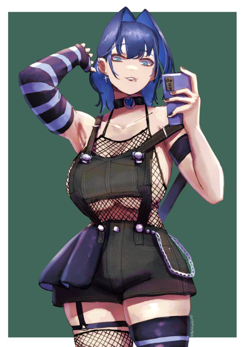 absurdres arm_up armlet armpits asymmetrical_legwear bare_shoulders black_nails black_overalls blue_eyes blue_hair border breasts chains choker cleavage ear_piercing earrings elbow_sleeve erasorpepero female fishnet_top fishnets garter_straps green_background hair_behind_ear hair_intakes highres holding holding_phone hololive hololive_english hololive_english_-council- hololive_english_-promise- huge_breasts jewelry lip_piercing looking_at_viewer medium_hair ouro_kronii overalls phone piercing solo thighhighs underboob virtual_youtuber white_border