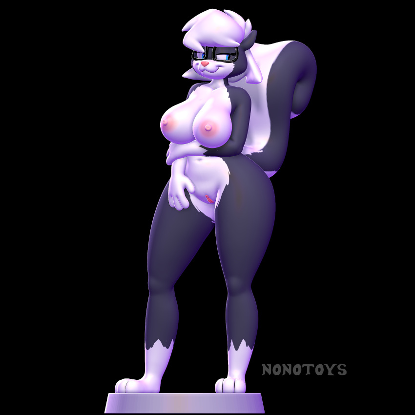 1girl 1girls 2024 2024s 3d_(artwork) 3d_modeling 3d_print anthro areola areolae bedroom_eyes black_background black_body blue_eyes digital_media_(artwork) eyewear eyewear_only female female_focus fur furry furry_female genitals glasses glasses_only hair hi_res holding_arm looking_back mammal mephitid multicolored_body narrowed_eyes nipples nonotoys pussy raised_tail sabrina_online seductive simple_background skunk smile solo standing tail two_tone_body two_tone_fur two_tone_tail wearing_glasses white_body white_fur white_hair