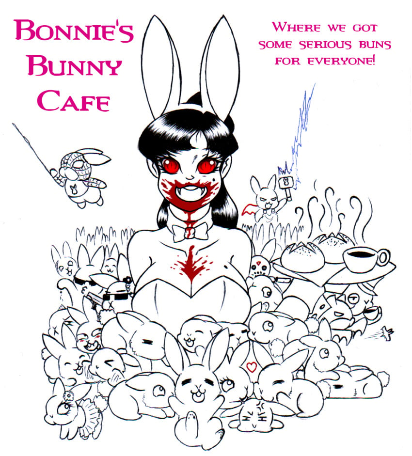 beauty_mark beauty_spot black_hair blood_on_breasts blood_on_face blood_on_mouth bonnie(galejro) bunny_ears bunny_girl bunnysuit buns coffee creepy cute funny galejro huge_breasts large_breasts lineart long_hair ponytail rabbit rabbit_ears rabbit_girl red_eyes sketch vampire vampire_girl