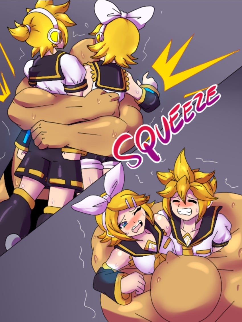 1girls 2boys anon bearhug blank_background blonde_hair blue_eyes blush cling comic_panel featureless_face female gritted_teeth kagamine_len kagamine_rin male muscular muscular_male onomatopoeia pain ryona size_difference sweat tightsquish trembling vocaloid wrestling