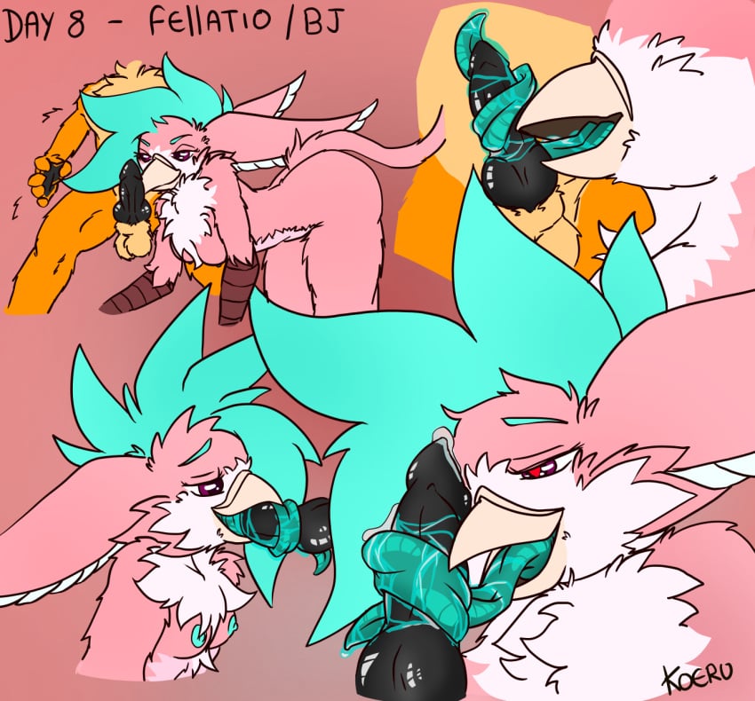 ambiguous_fluids anthro avian beak beak_open canid canine enji_arklight fellatio female fennec_fox fox fur genitals gryphon hi_res kinktober kinktober_2024 koeru koeru_(koeru) licking long_tongue male mammal mythological_avian mythological_creature mythology oral penile penis penis_lick pink_body pink_fur prehensile_tongue sex solo tongue true_fox