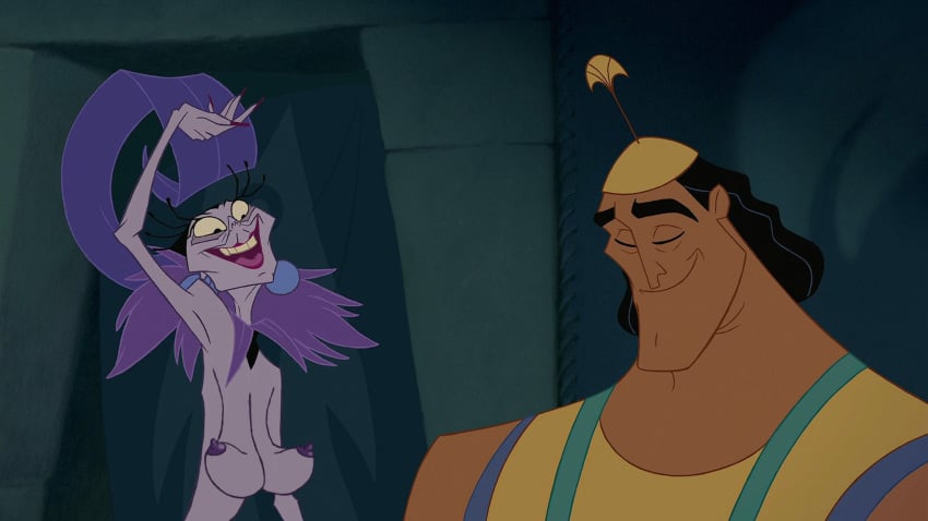 1boy 1girls big_breasts breasts clothing disney disney_villains edit female kronk male nipples old old_woman peruvian_male screenshot screenshot_edit smile the_emperor's_new_groove topless yzma