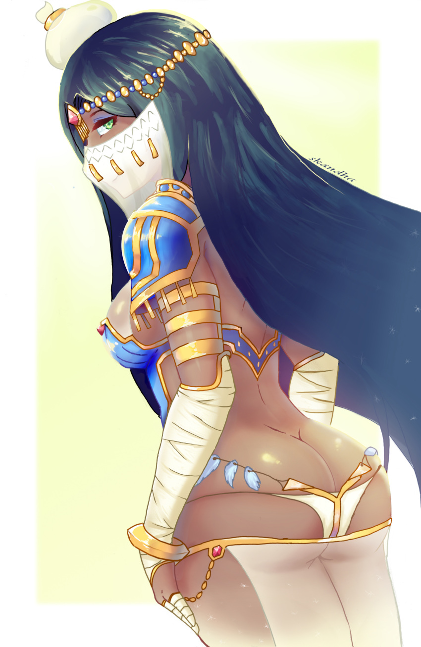 absurdres arabian arabian_clothes ass black_hair breasts butt_crack caster curvy dark-skinned_female dark_skin fate/grand_order fate_(series) female female_only gold green_eyes harem_outfit highres jewelry long_hair looking_at_viewer medium_breasts ornament scheherazade_(fate) solo thick_thighs thighs veil