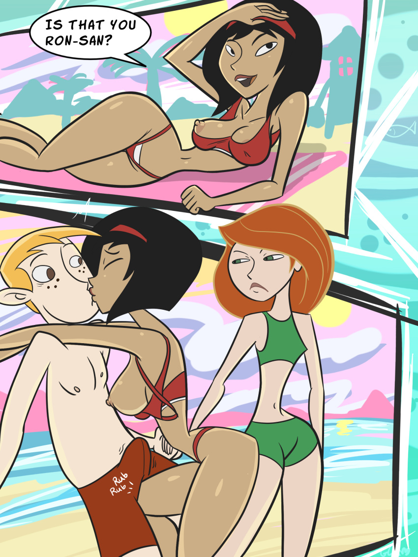 1boy 2girls beach bikini black_hair breasts cheating comics dark-skinned_female dark_skin disney disney_channel english_text erection erection_under_clothes female ginger glamorous_love glaring interracial jealous kim_possible kimberly_ann_possible kissing leg_between_thighs male multiple_girls nipple nipple_slip one_breast_out orange_hair redhead ron_stoppable rubbing_penis short_black_hair short_hair swimsuit text wide_hips yellow_hair yori_(kim_possible)