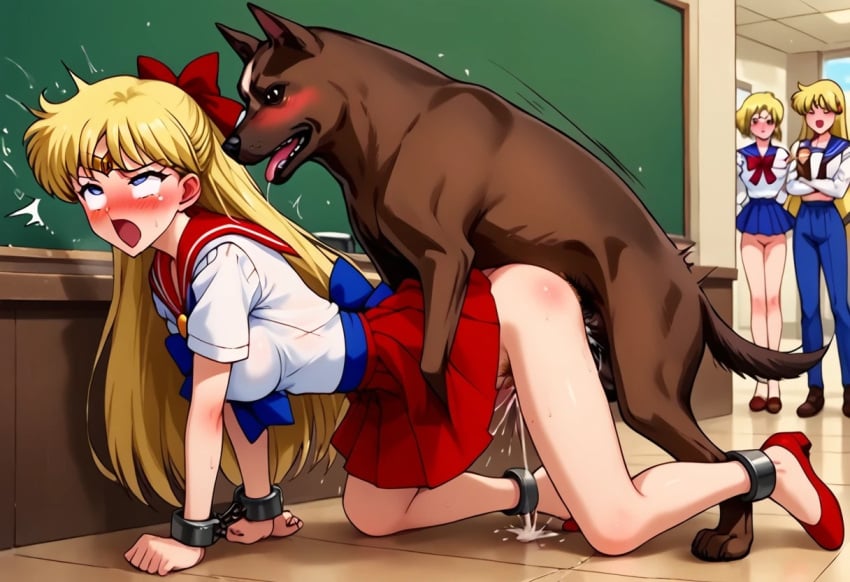 1female 1girls 1male ai_generated animal_genitalia bishoujo_senshi_sailor_moon blackmail blush bow canine canine_penis clothed_sex clothing cum dog_penis doggy_style dripping_pussy excited female forced forced_exposure fucked_by_dog girl gloves hairy_pussy knot long_hair magical_girl male minako_aino on_camera open_vagina orgasm_face painful sailor_collar sailor_venus school_uniform schoolgirl schoolgirl_uniform skirt skirt_lift small_breasts surprise surprised_expression zoophilia