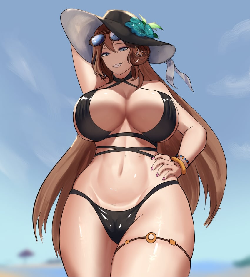 1girls beach belly_button bikini black_bikini blue_eyes blue_sky bracelets brown_dust_2 brown_hair cleavage color dalvi_(brown_dust_2) female female_only hat huge_breasts light-skinned_female light_skin lonelyceo87 looking_at_viewer mature_female outdoors pink_nails sky smile solo sun_hat sunglasses sunglasses_on_head swimsuit thick_thighs