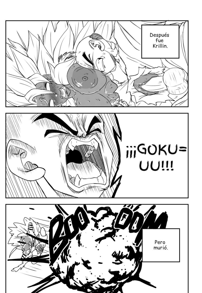 1boy 1girl 1girls areolae balls black_and_white boobs breasts cock comic comic_page comic_panel dark-skinned_female dick dragon_ball explosion fan_character fanmade_design interracial interspecies krillin kuririn monochrome nipples parody parody_comic parody_porn partially_clothed penis rule_63 saiyan saiyan_girl screaming spanish_text spindan spirit_killer ssj5 super_saiyan_5 tablos testicles tits vaginal vaginal_penetration vaginal_sex