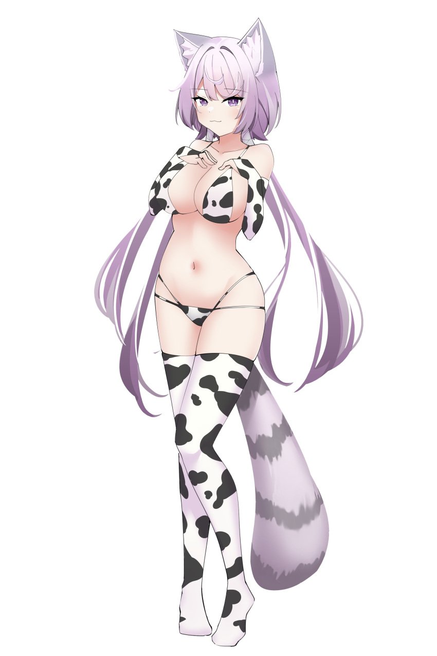 arm_length_gloves arsyky bare_midriff bare_shoulders bare_thighs big_breasts bikini bikini_bottom bikini_top breasts cow_print cow_print_bikini cow_print_gloves cow_print_thighhighs cowkini gloves gray_fur gray_hair grey_fur grey_hair hair_wraps hands_on_breasts hands_on_own_chest indie_virtual_youtuber kemonomimi legs_apart looking_at_viewer only_female purple_eyes purple_fur raccoon_ears raccoon_girl raccoon_tail smile smiling smiling_at_viewer stockings twintails two_tone_fur virtual_youtuber vtuber white_fur yozora_aoi