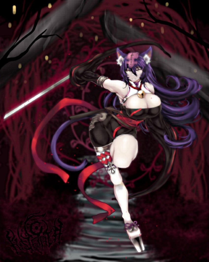 1girls action arm_gloves bell bell_collar black_dress busty cheshire female female_only forest glowing huge_breasts katana kemonomimi long_hair nightmare-doom original_character purple_hair running sandals solo stockings sword tail thigh_highs voluptuous weapon yellow_eyes zettai_ryouiki