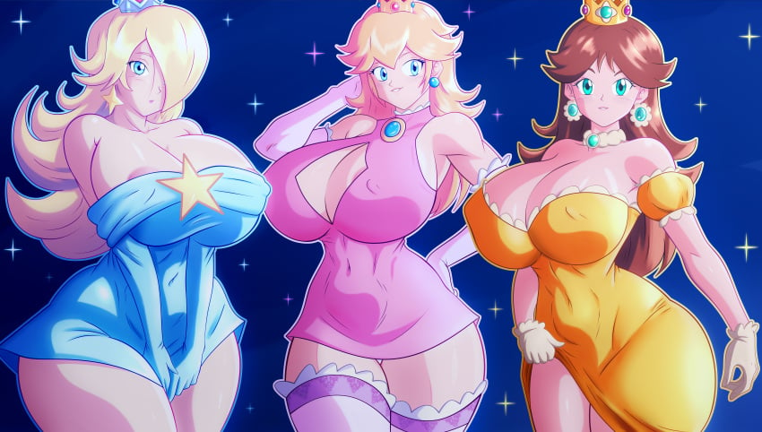 3girls big_breasts blonde_hair blush breasts brown_hair clothing crown female mario_(series) nintendo patreon princess princess_daisy princess_peach princess_rosalina royalty soul-z super_mario_bros. super_mario_galaxy