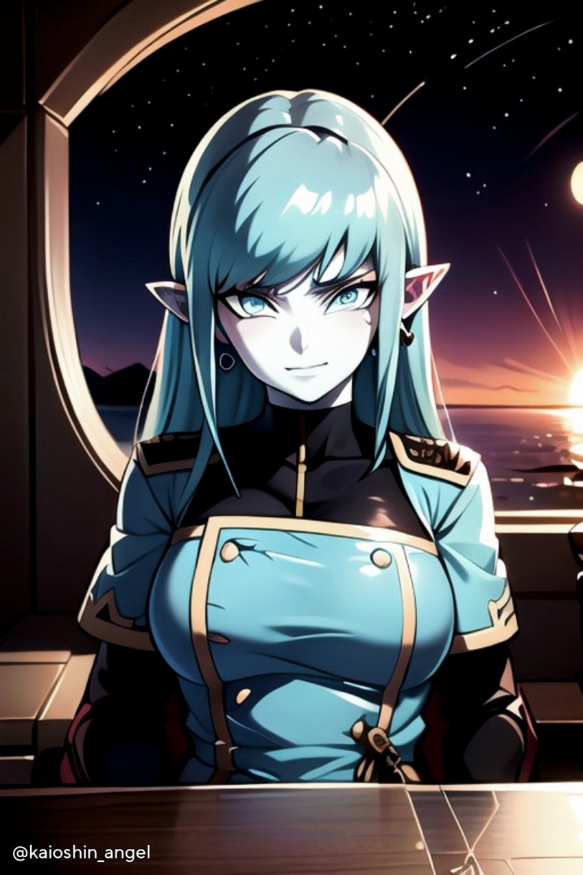 aeos agios ai_generated aios aiosu alien_girl blue_body blue_clothing blue_eyes blue_hair buttons clothed_female dragon_ball dragon_ball_heroes ears elf eyeliner female front_view goddess hair horizontal_ears inner_hair kaioshin_angel ladyaeos large_breasts light-skinned_female light_blue_eyes light_blue_hair light_skin long_hair long_sleeves matching_hair/eyes military_uniform pale-skinned_female pale_skin perfect_body pointy_ears short_ears short_over_long_sleeves short_sleeves sitting solo space_background space_elf spaceship spaceship_interior straight_hair super_dragon_ball_heroes supreme_kai_of_time time_power_unleashed_form time_power_unleashed_form_(dragon_ball) tsurime upper_body white-skinned_female