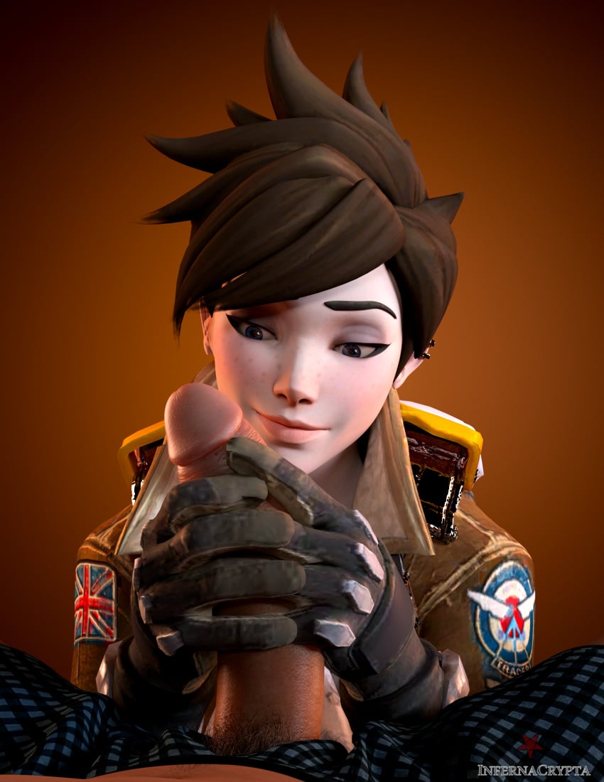 1boy 1girls 3d blizzard_entertainment blue_eyes british british_female british_flag brown_hair caucasian caucasian_female caucasian_male clothed_female gloves holding_penis imminent_oral infernacrypta light-skinned_female light-skinned_male looking_at_penis overwatch overwatch_2 pov pubic_hair straight tagme tracer