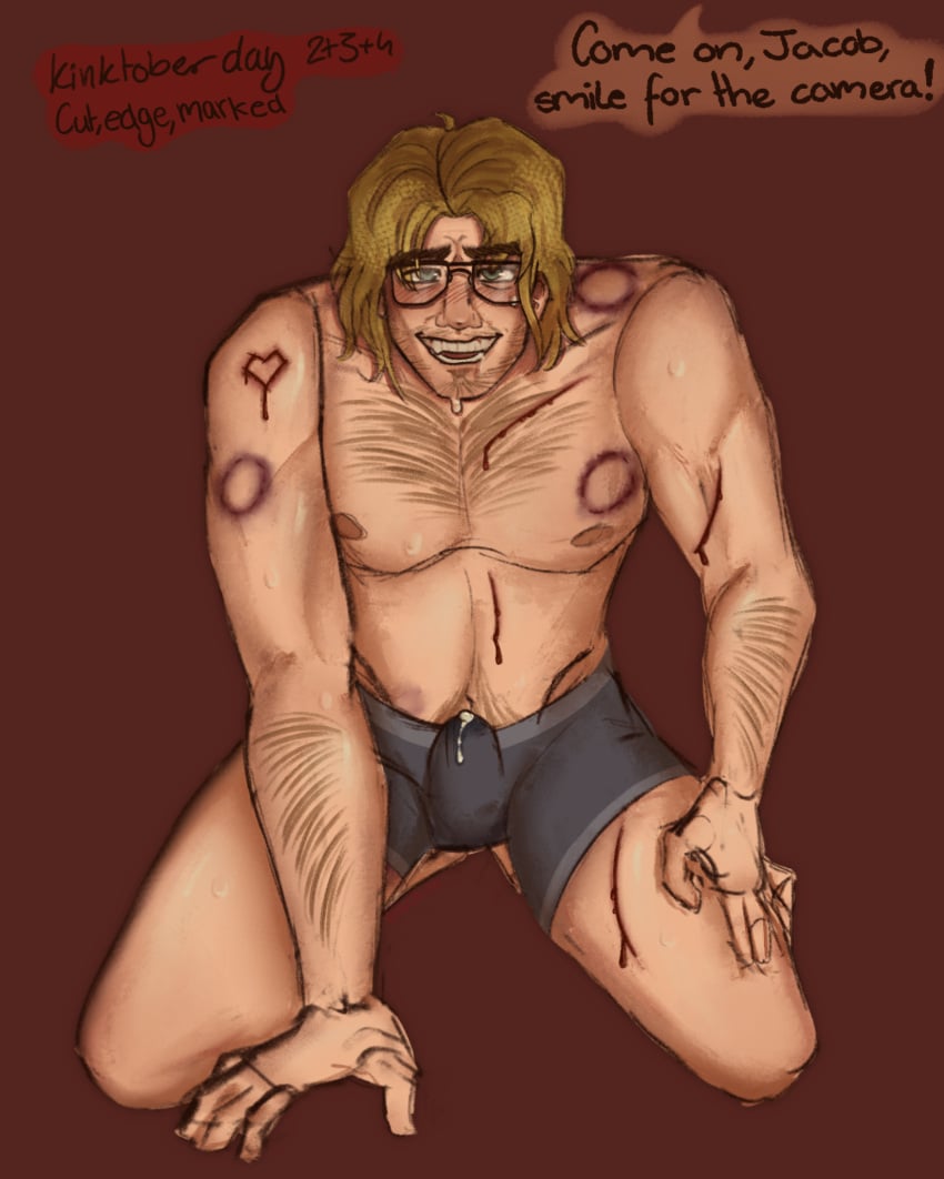 2d arm_hair bite bite_mark bite_marks bleeding blonde_hair blonde_hair_male blush blush_lines boxers boxers_(clothing) bruises bulge bulge_through_clothing chest_hair cum cum_in_pants drawing drooling edged edging facial_hair fit_male full_body fully_shaded glasses green_eyes hickey jacob_alden kinktober knife_play leaking_cum lurking_for_love male messy_linework mostly_nude muscular_male needy no_background off_screen_character older_male on_knees pleading_with_his_eyes short_hair shoulder_length_hair sketchy smile solo_focus solo_male speech_bubble sweaty