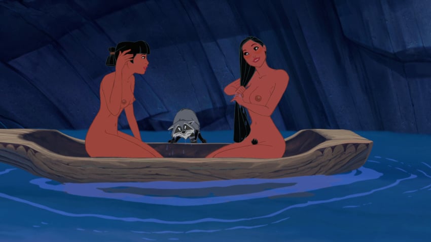 2girls boat breasts dark-skinned_female dark_skin disney disney_princess edit female female_only medium_breasts meeko multiple_girls nakoma native_american nipples nude pocahontas pocahontas_(character) pubic_hair screenshot screenshot_edit small_breasts unshaved_pussy water