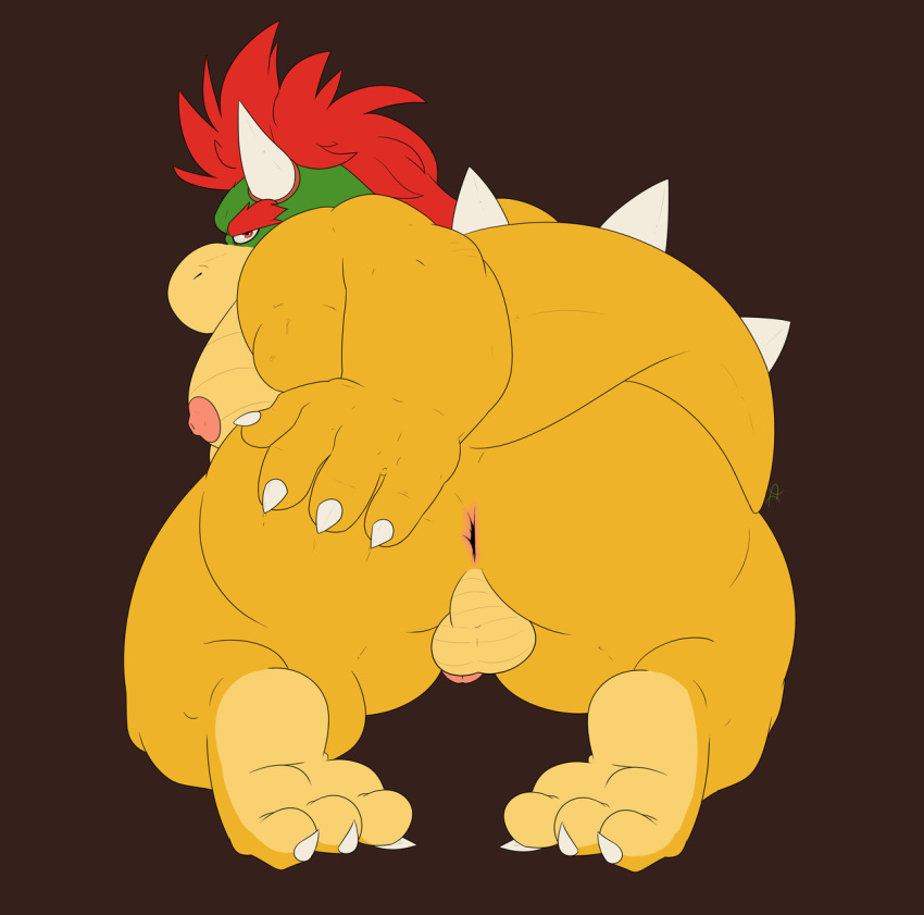 1boy 2017 3_toes 4_fingers anthro anus areola ass balls bedroom_eyes big_butt bowser claws digital_media_(artwork) full_body grey_background hair half-closed_eyes hand_on_ass horn humanoid_penis kneeling koopa looking_at_viewer looking_back male male_only mario_(series) mohawk nintendo nipples nude penis perineum presenting presenting_anus presenting_hindquarters raised_tail rear_view red_hair scalie seductive simple_background slightly_chubby solo spikes spread_ass spreading testicles thick_tail thick_thighs toe_claws toes trianglepapaya video_games