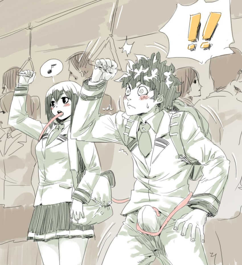 !! 1boy 1girls archvermin assertive assertive_female blush bulge chikan clothed clothing erection female female_pervert ground_vehicle highres izuku_midoriya licking long_tongue musical_note my_hero_academia necktie partially_colored pervert public school_uniform schoolgirl shirt skirt spoken_musical_note straight surprised tongue tongue_out tonguejob train train_interior trembling tsuyu_asui u.a._school_uniform