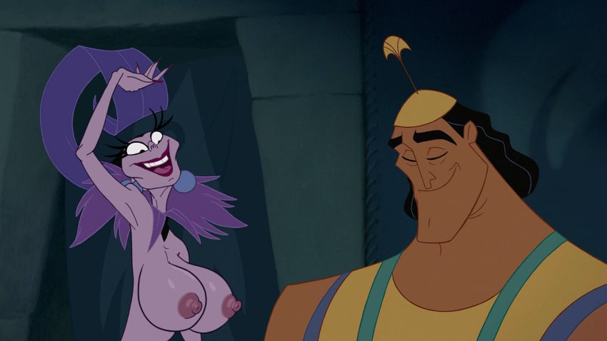 1boy 1girls arms bedaxe big_breasts big_nipples breasts clothing disney disney_villains earrings edit female gilf hands hard_nipples huge_breasts kronk large_breasts latino lips lipstick male nipples nude nude_female open_mouth peruvian_male purple_skin screenshot screenshot_edit smile teeth the_emperor's_new_groove tongue topless yzma