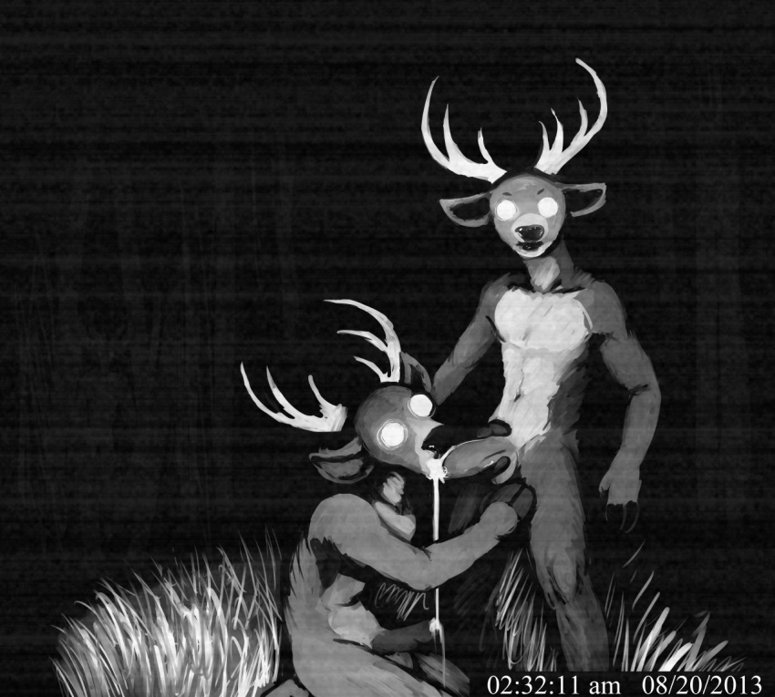 anthro antlers balls camera camera_view caught cervine cum cum_drip cum_in_mouth cum_inside deer dripping duo fellatio glowing glowing_eyes greyscale hladilnik horn looking_at_viewer male mammal monochrome nude oral penis sex soul_devouring_eyes yaoi